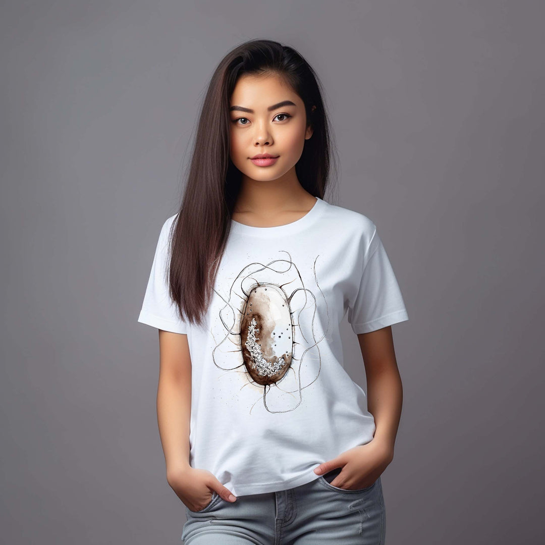 e coli bacterial cell watercolor illustration on white t-shirt female model