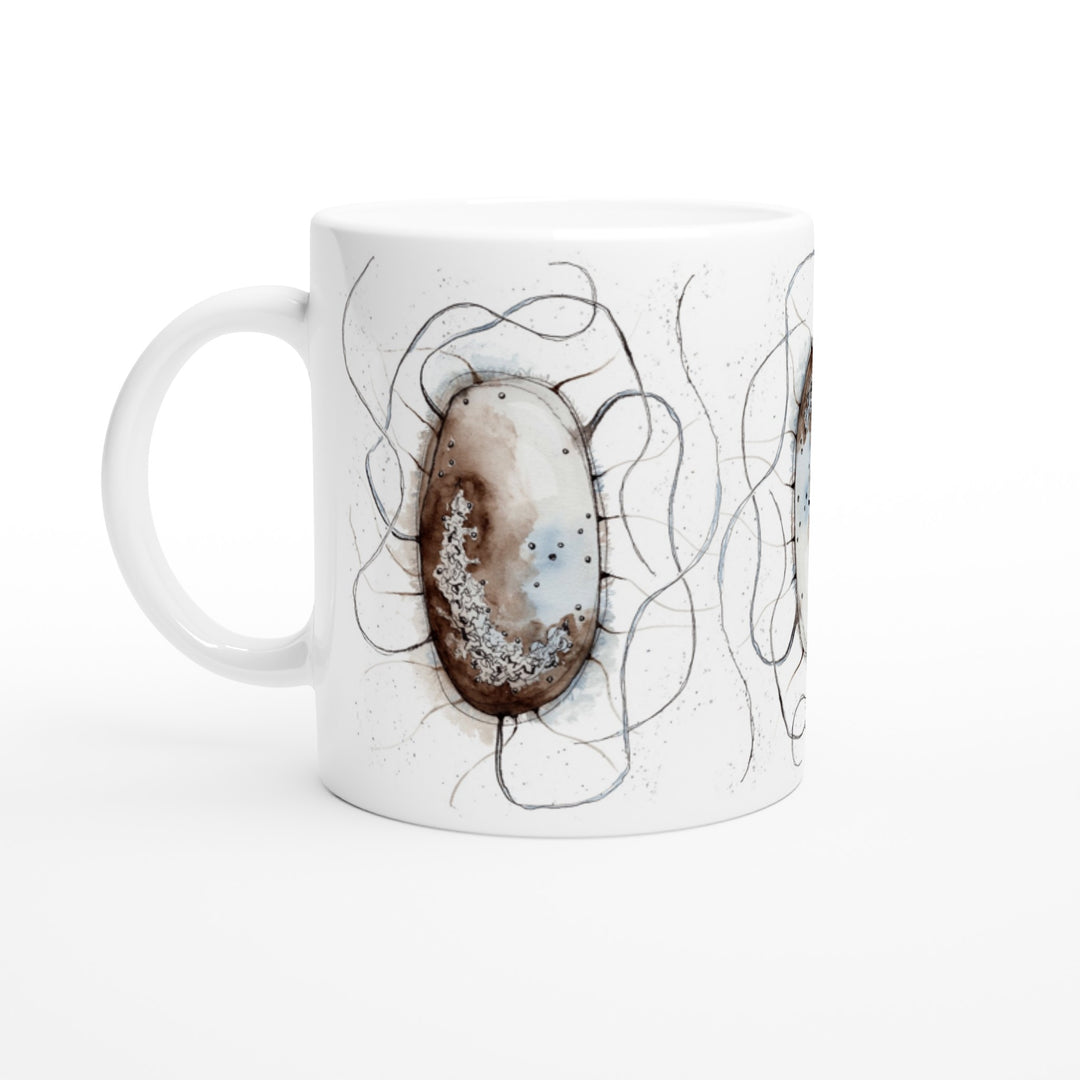 abstract watercolor illustration of E.coli printed on a ceramic mug by ontogenie
