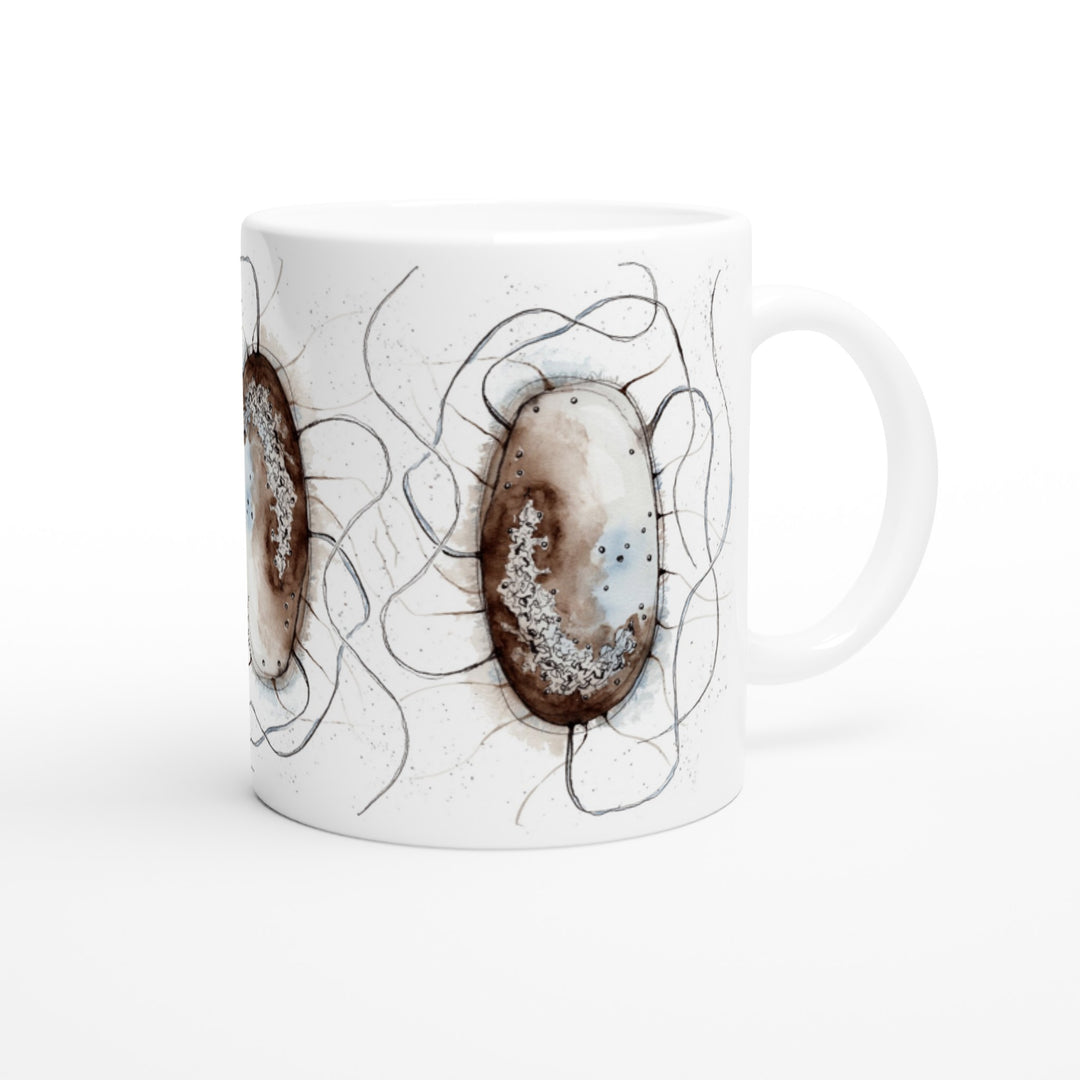 abstract watercolor illustration of E.coli printed on a ceramic mug by ontogenie