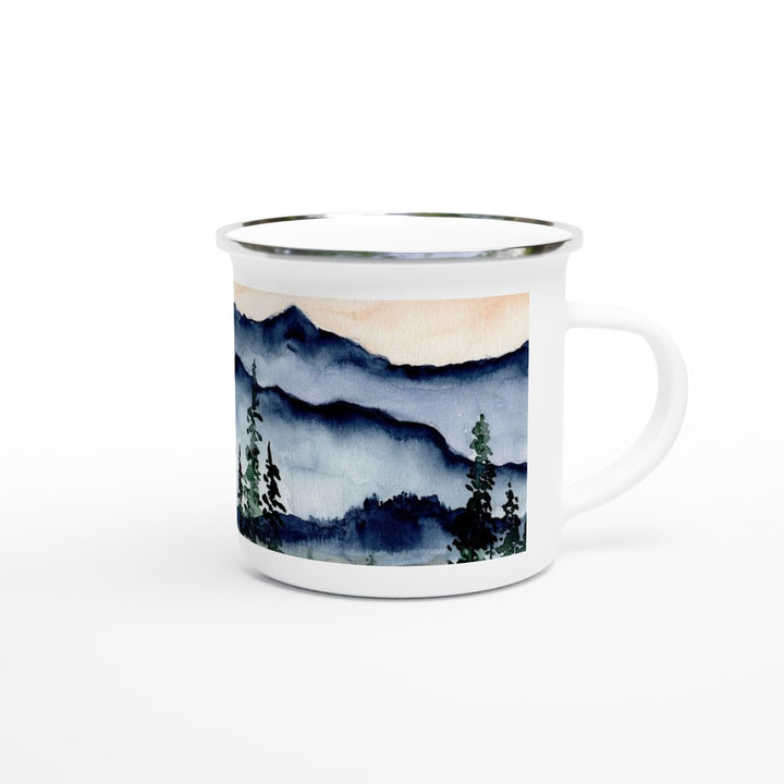 enamel camping mug with mountain watercolor design by ontogenie