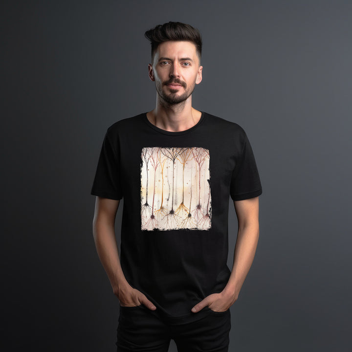 pyramidal neurons in gold design on black tshirt