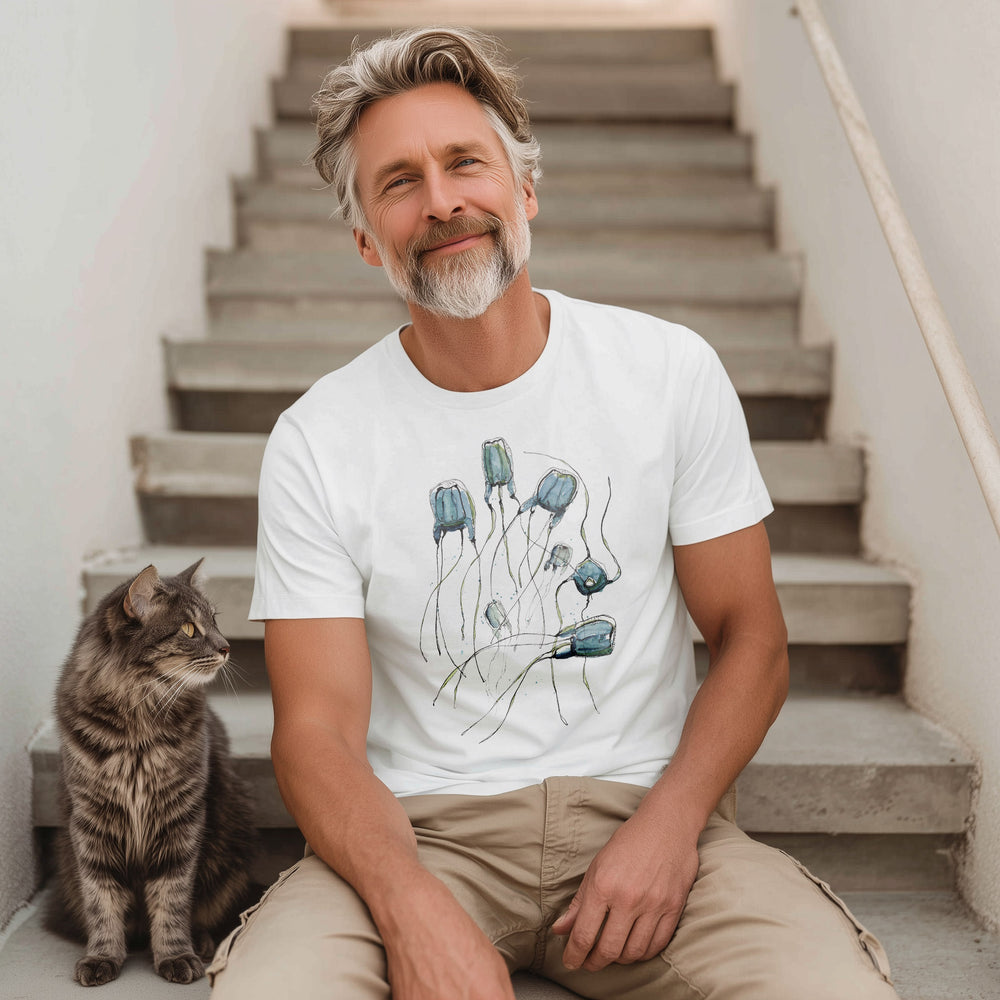 alatina box jellyfish design on white t-shirt male model by ontogenie