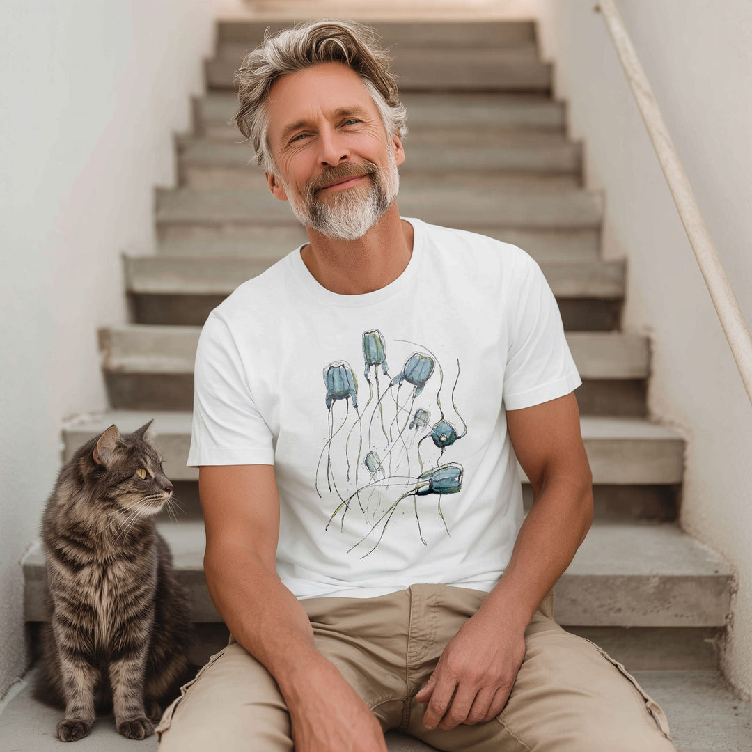 alatina box jellyfish design on white t-shirt male model by ontogenie