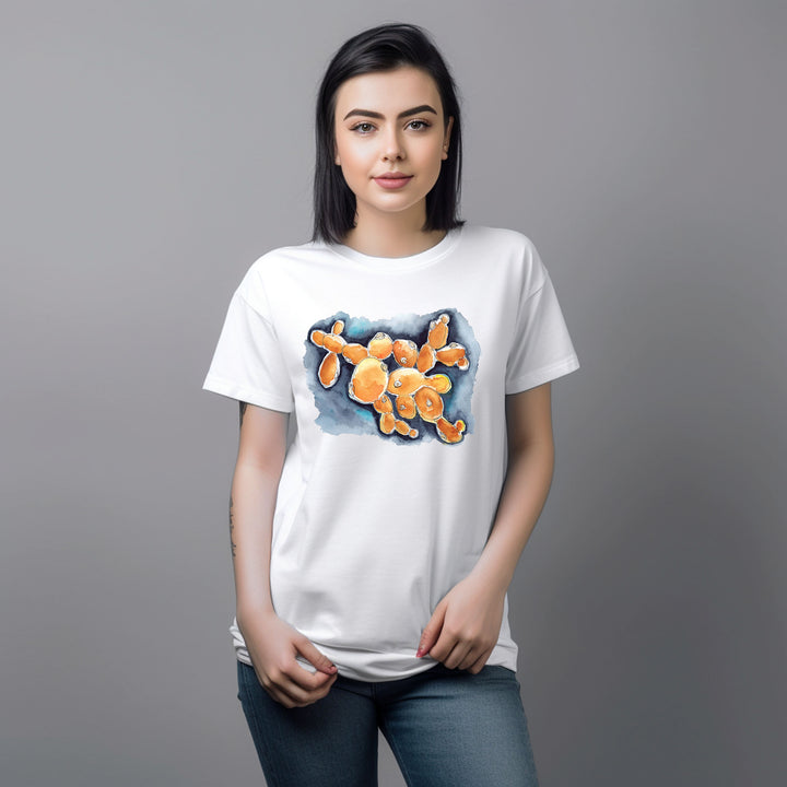 budding yeast abstract painting design on white tshirt with female model by ontogenie