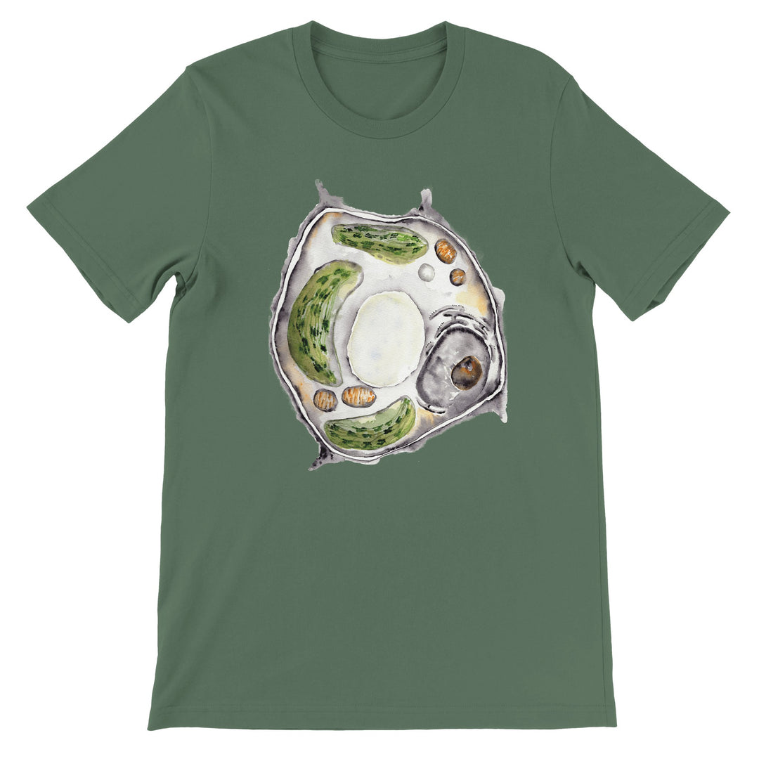 plant cell watercolor design on military green t-shirt by ontogenie