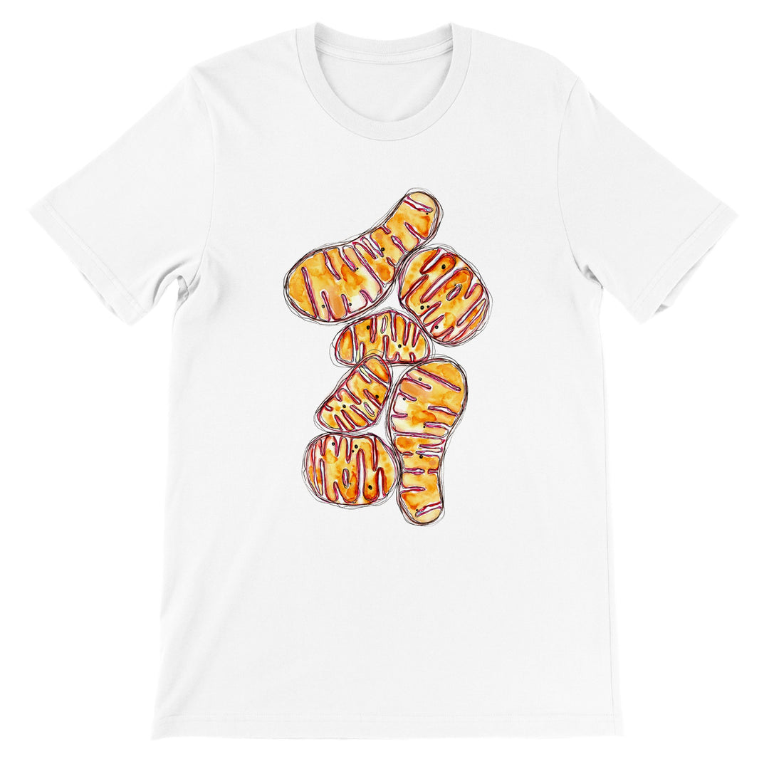orange abstract mitochondria design on white t-shirt by ontogenie