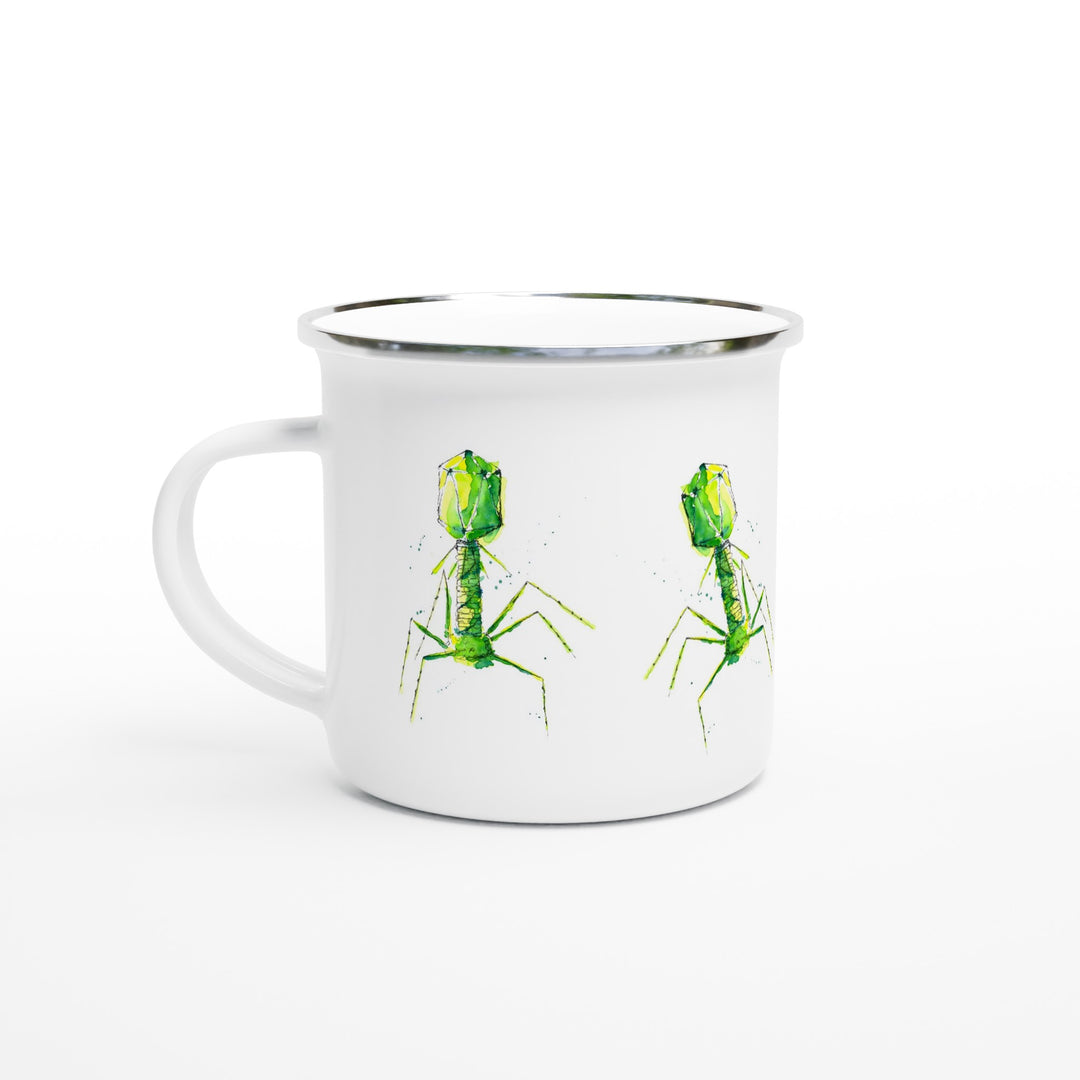 green bacteriophage design on enamel mug by ontogenie