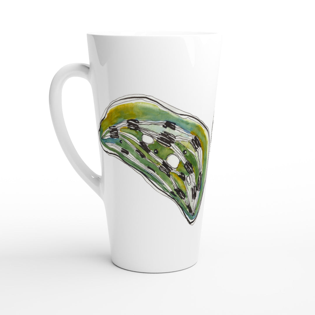 tall white latte mug with green chloroplast design by ontogenie
