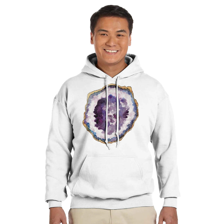 geode hoodie in white on male model
