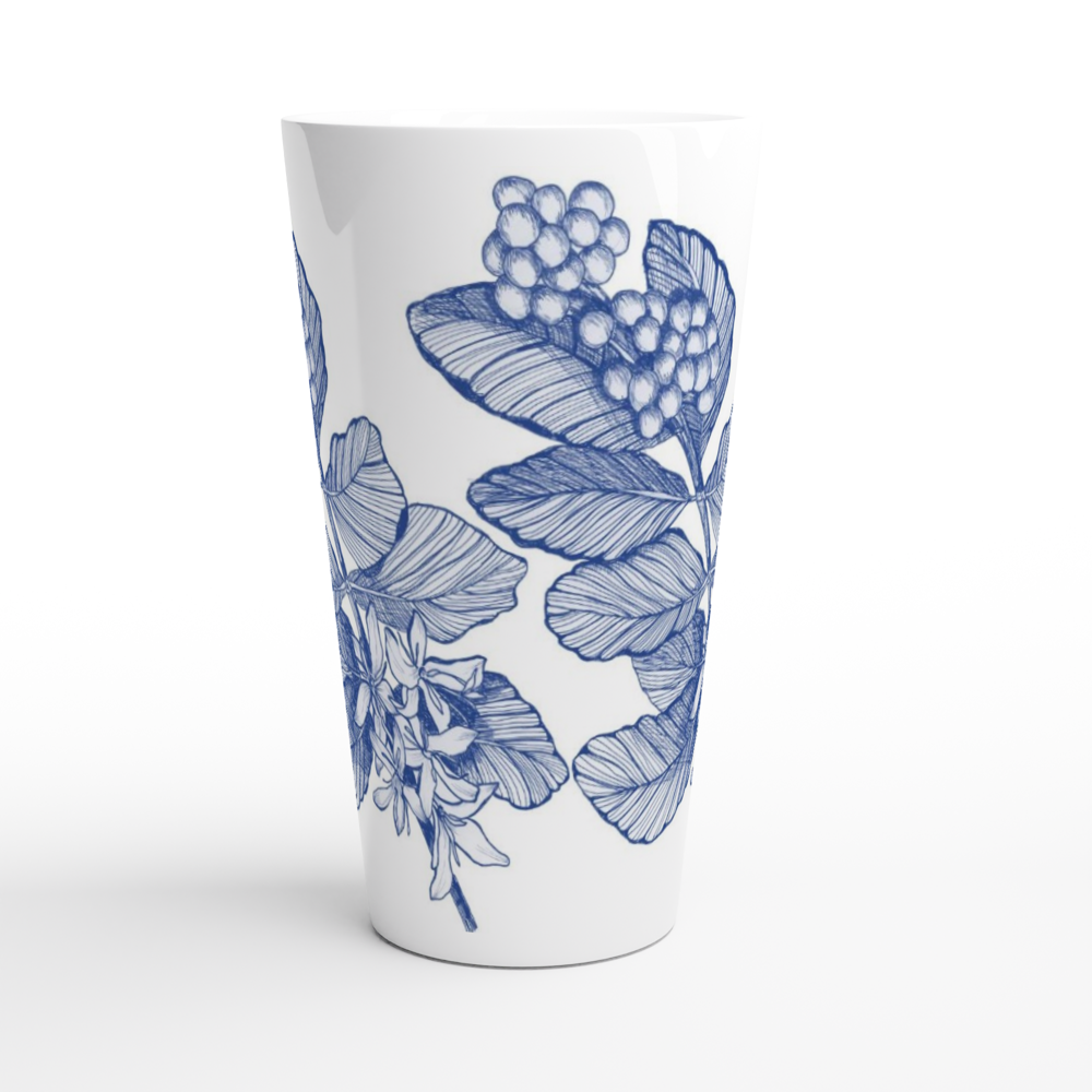 coffea arabic ceramic latte mug with hand-drawn delft blue line drawing