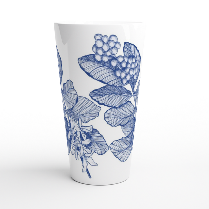 coffea arabic ceramic latte mug with hand-drawn delft blue line drawing
