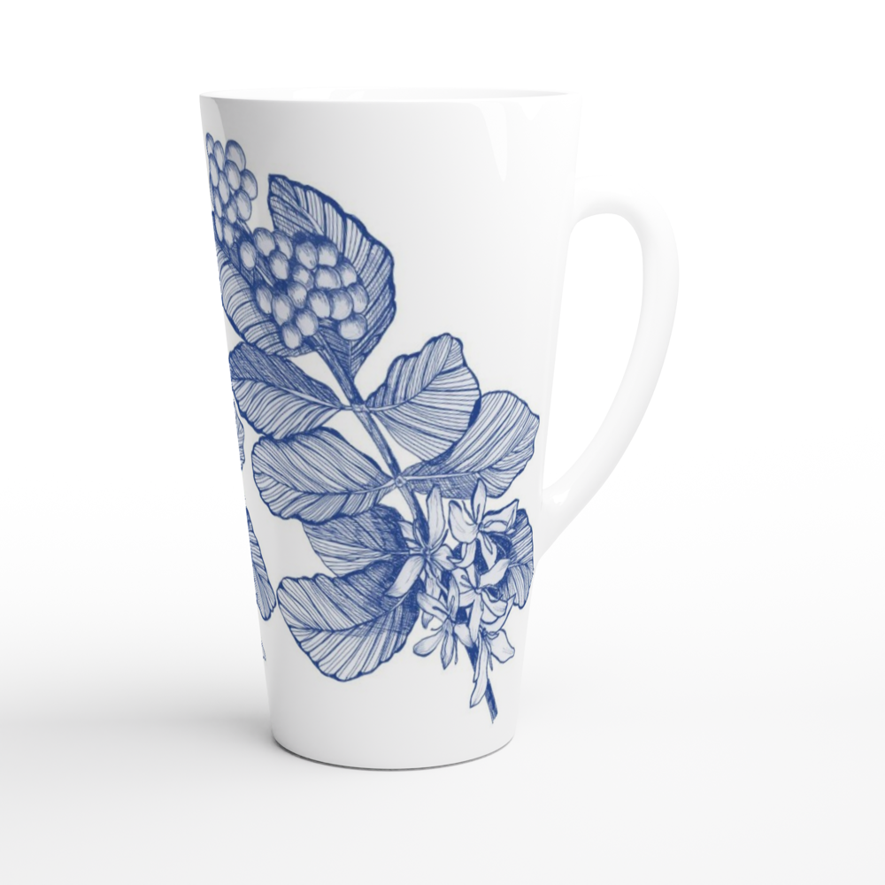 coffea arabic ceramic latte mug with hand-drawn delft blue line drawing