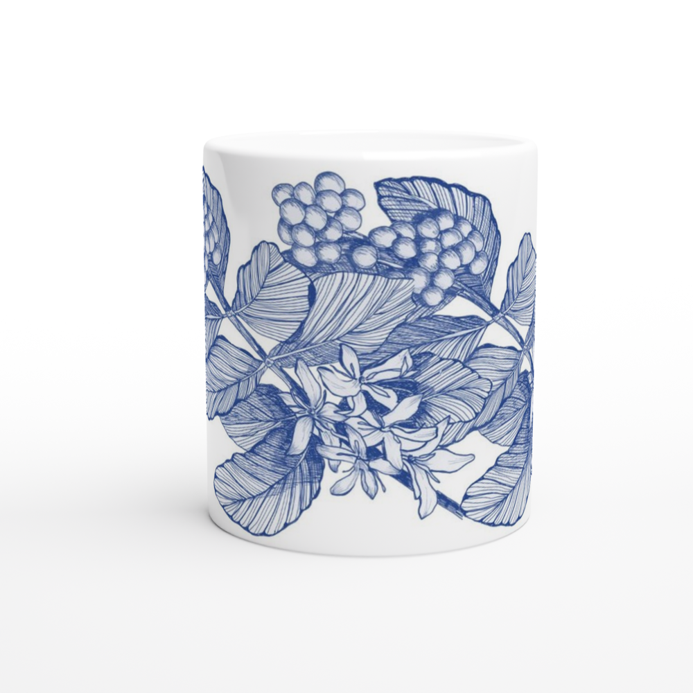 coffea arabic ceramic mug with hand-drawn delft blue line drawing