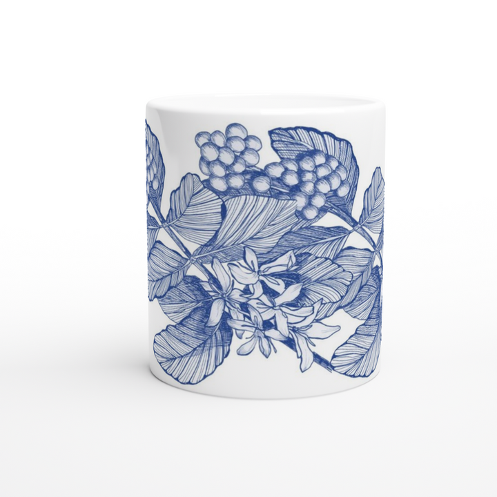 coffea arabic ceramic mug with hand-drawn delft blue line drawing