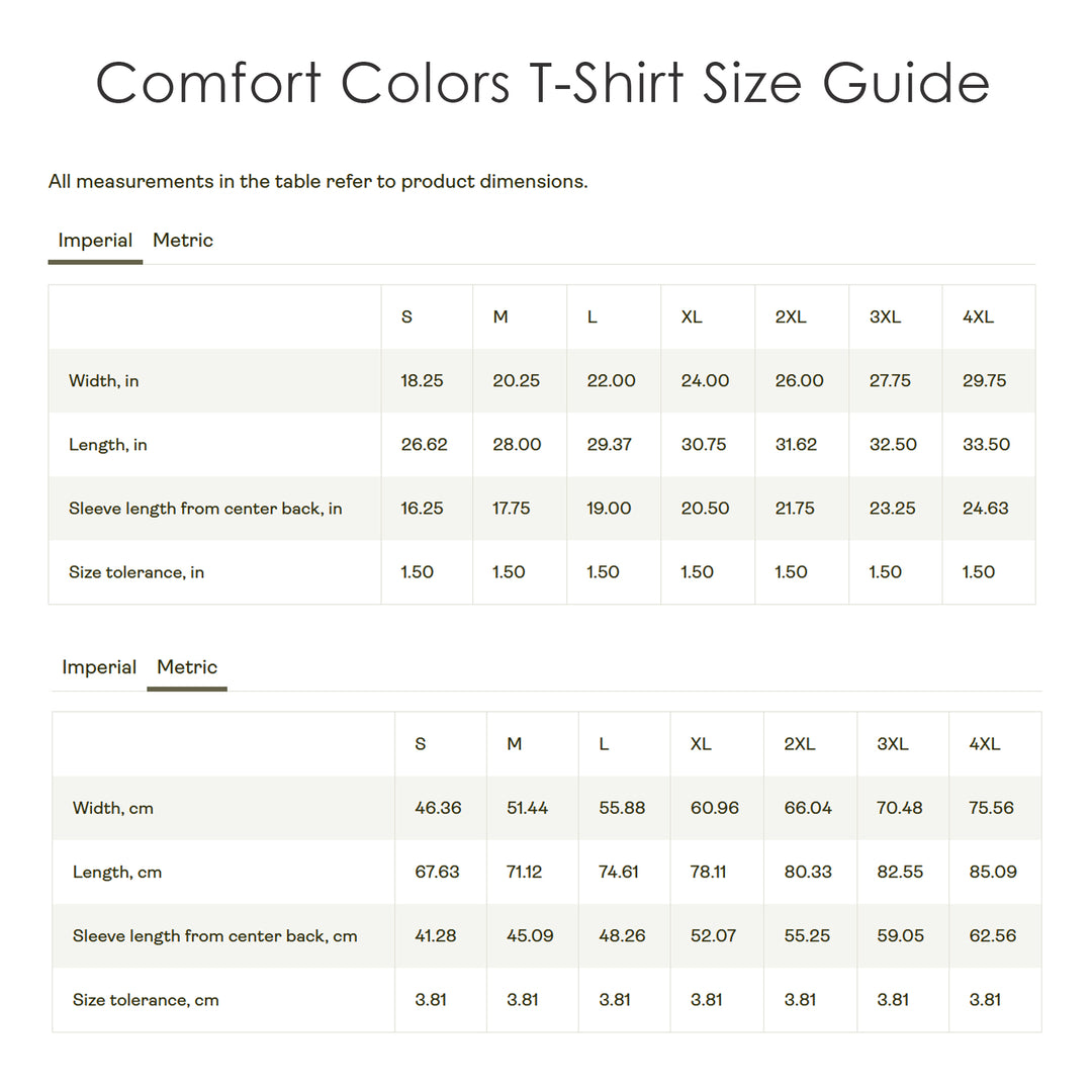 comfort colors size chart
