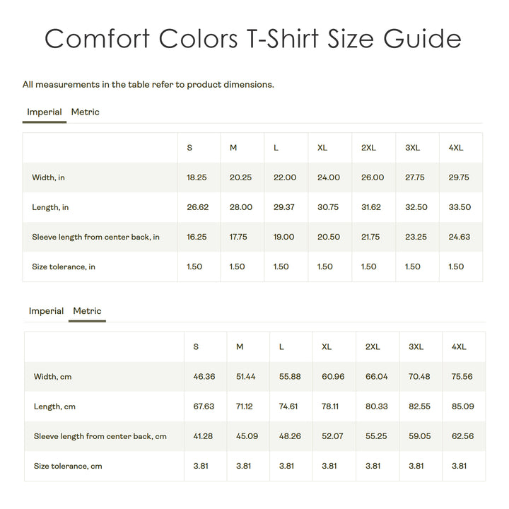 comfort colors size chart
