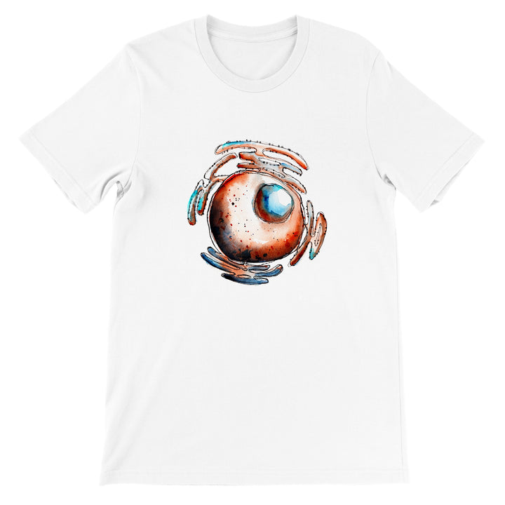 abstract nucleus watercolor design on white tshirt 
