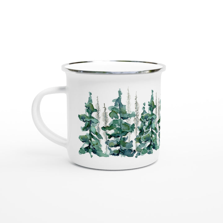 spruce forest watercolor design enamel mug by ontogenie