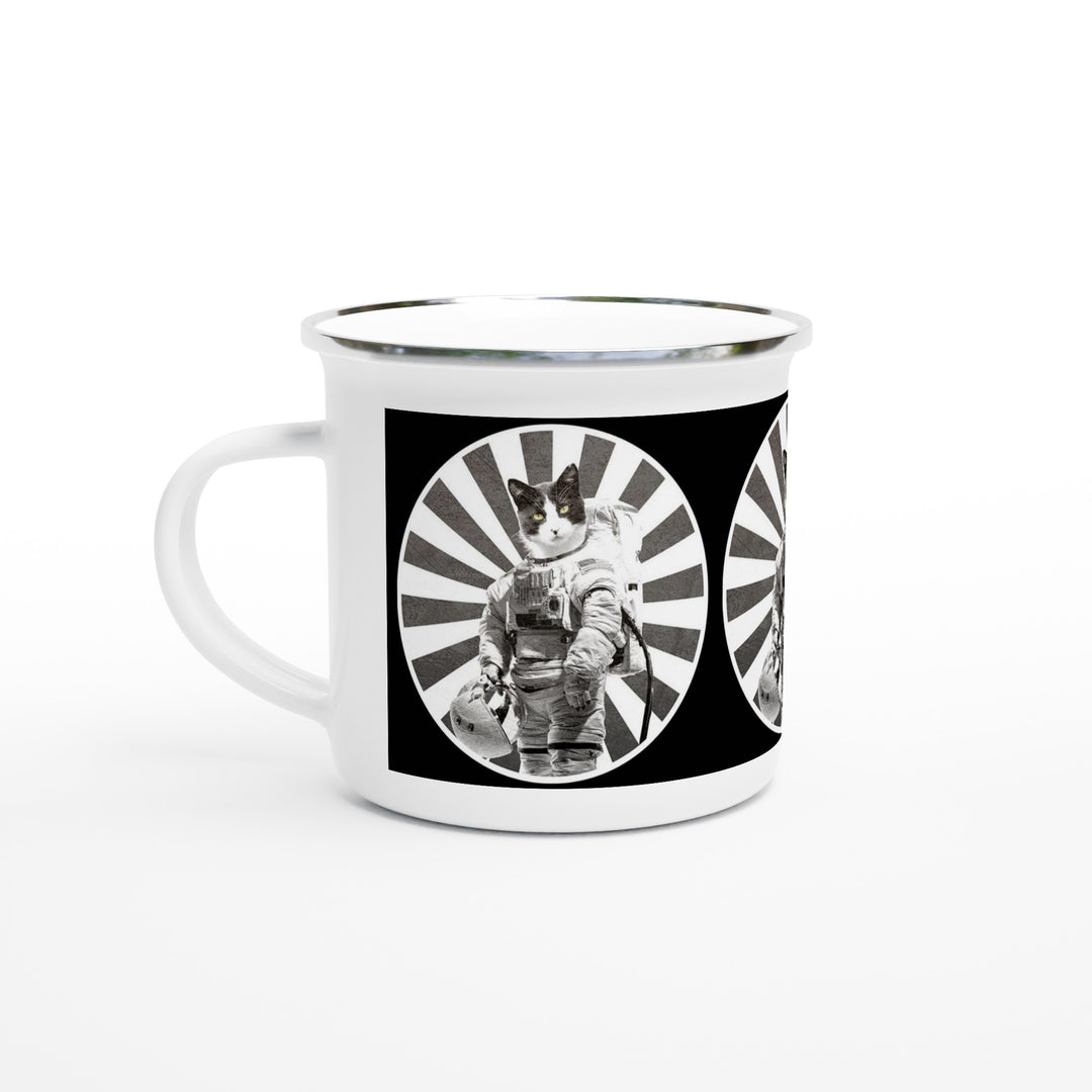 space cat astronaut tuxedo cat design on enamel mug by ontogenie