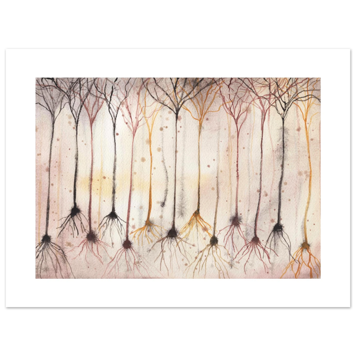 pyramidal neurons in gold giclee print of an original watercolor painting