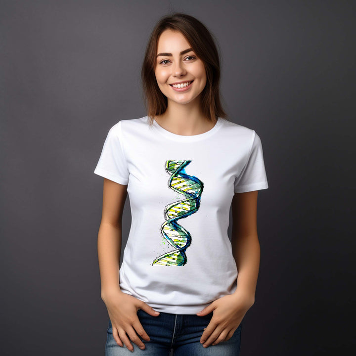 green watercolor dna design on white tshirt female model by ontogenie