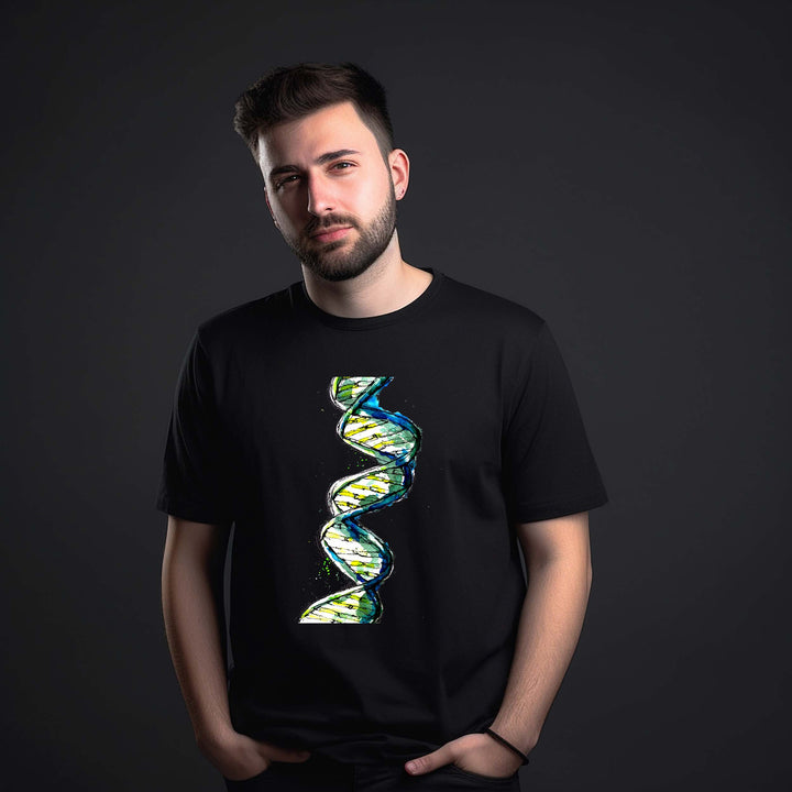 green watercolor dna design on black tshirt male model by ontogenie