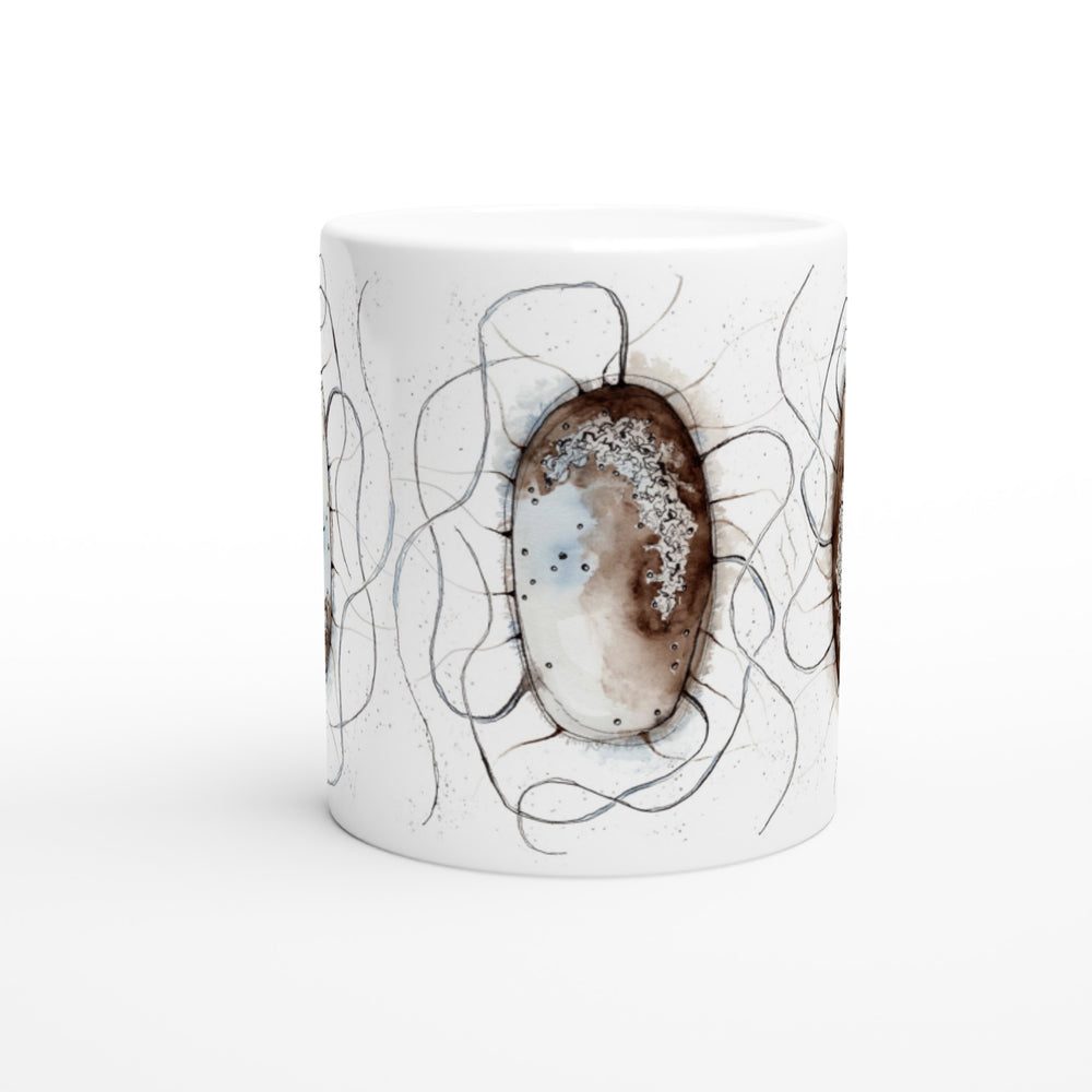 abstract watercolor illustration of E.coli printed on a ceramic mug by ontogenie
