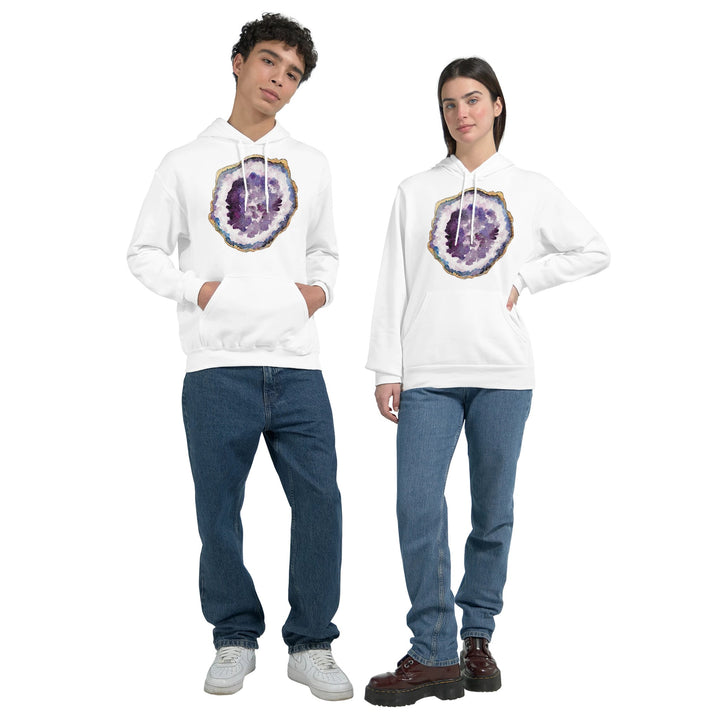 geode hoodie in white on male and female model
