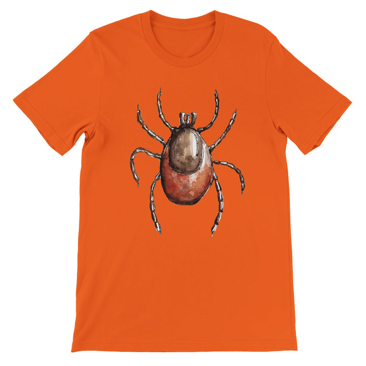 watercolor ixodes tick design on orange t-shirt by ontogenie
