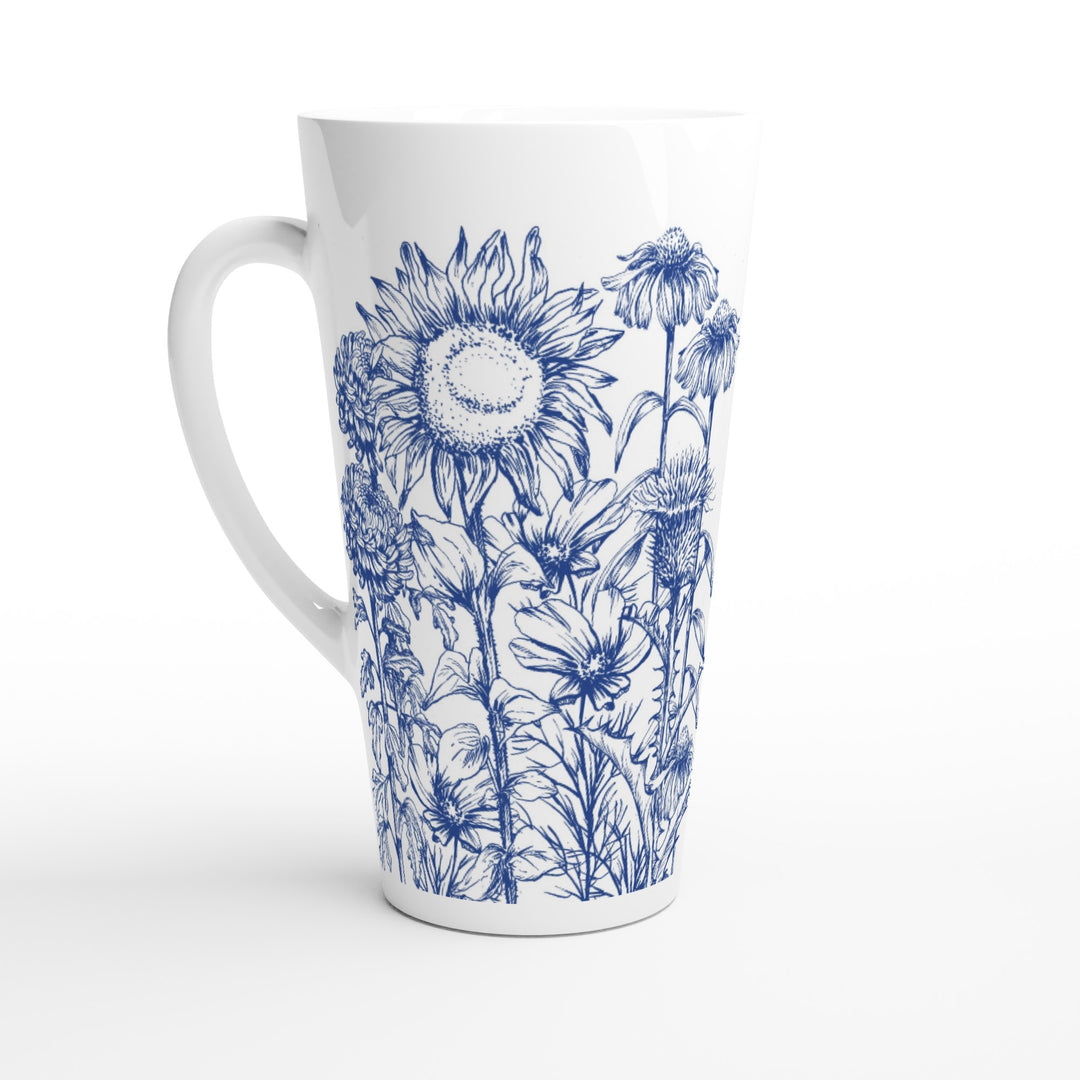 Asteraceae family floral mug, delft blue design, latte size