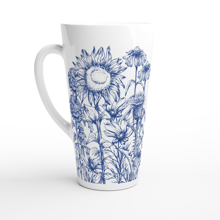Asteraceae family floral mug, delft blue design, latte size
