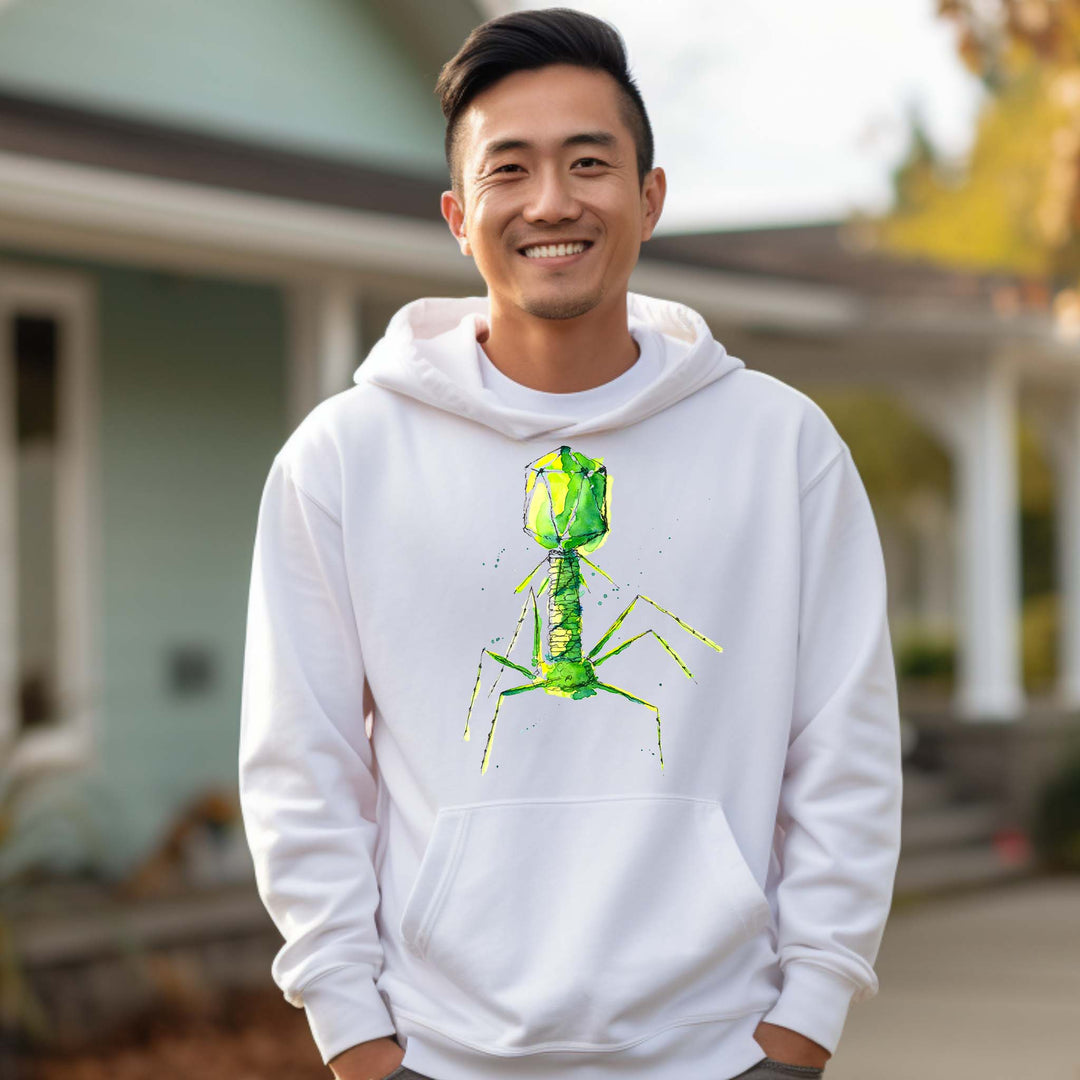 green bacteriophage painting on white hoodie by ontogenie