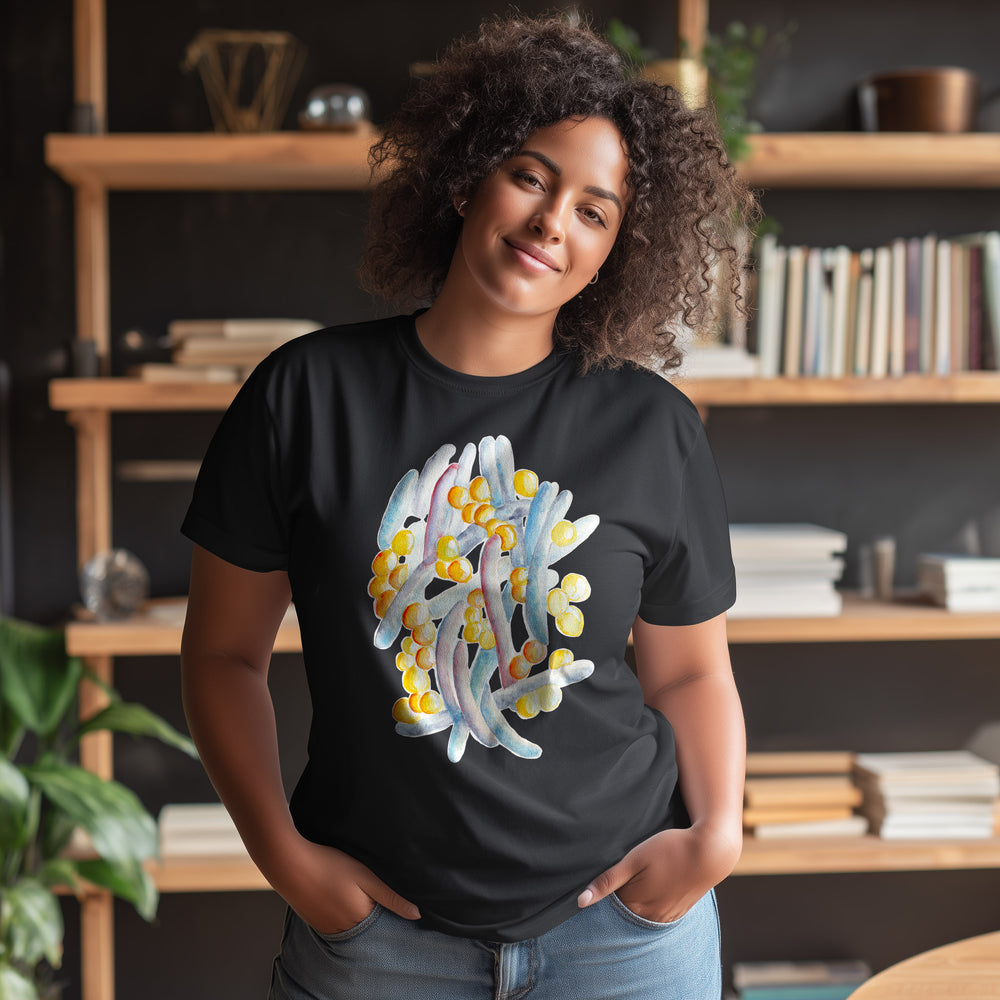 gut microbiome design on black tshirt, female model