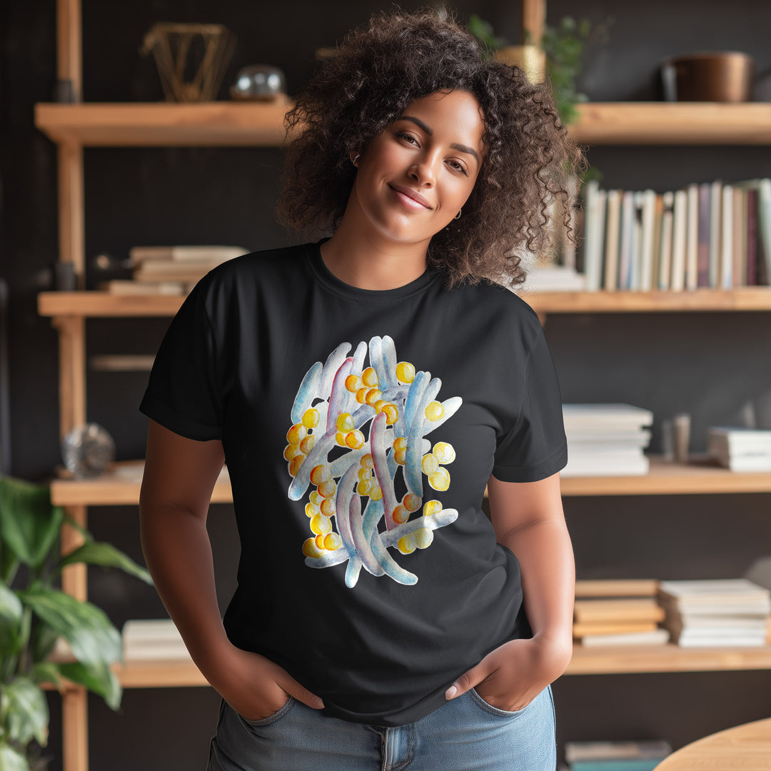 gut microbiome design on black tshirt, female model