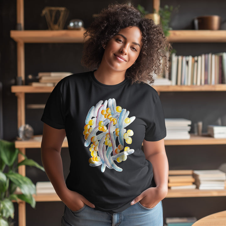 gut microbiome design on black tshirt, female model