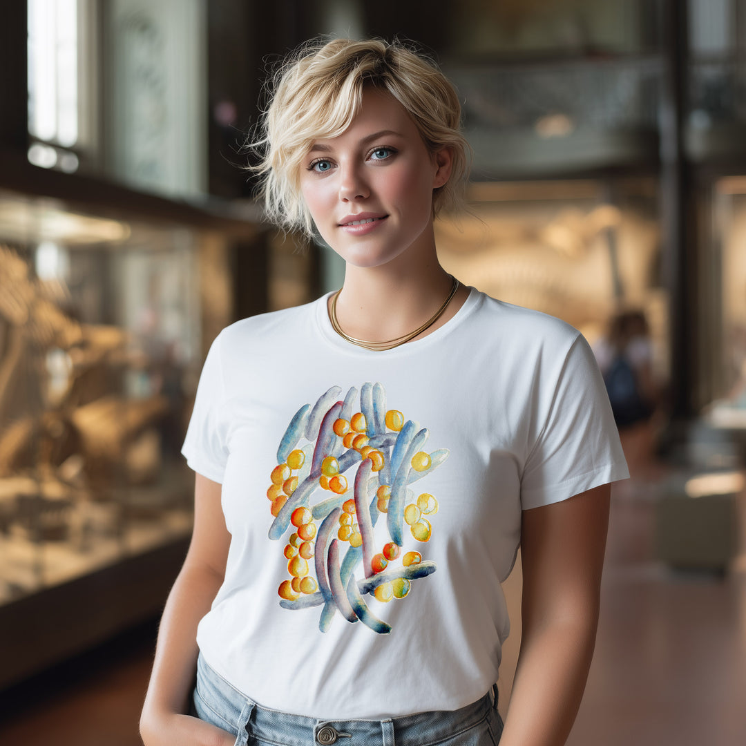 gut microbiome design on white tshirt, female model