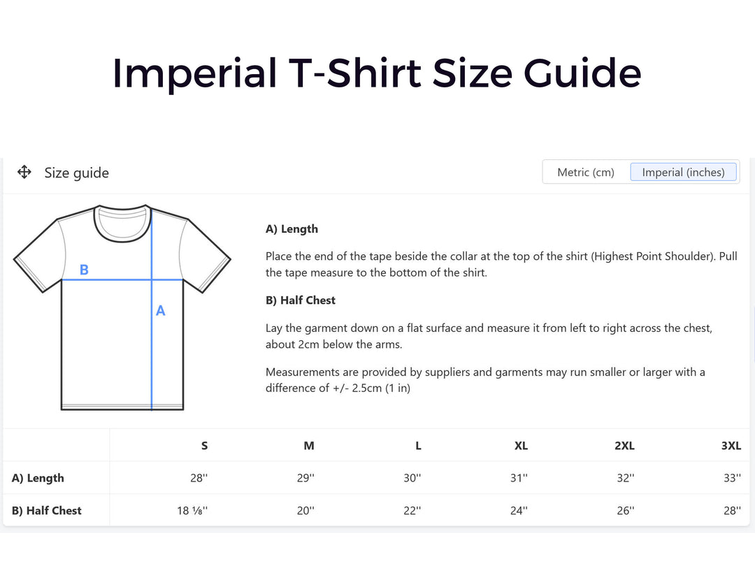 imperial tshirt size guide