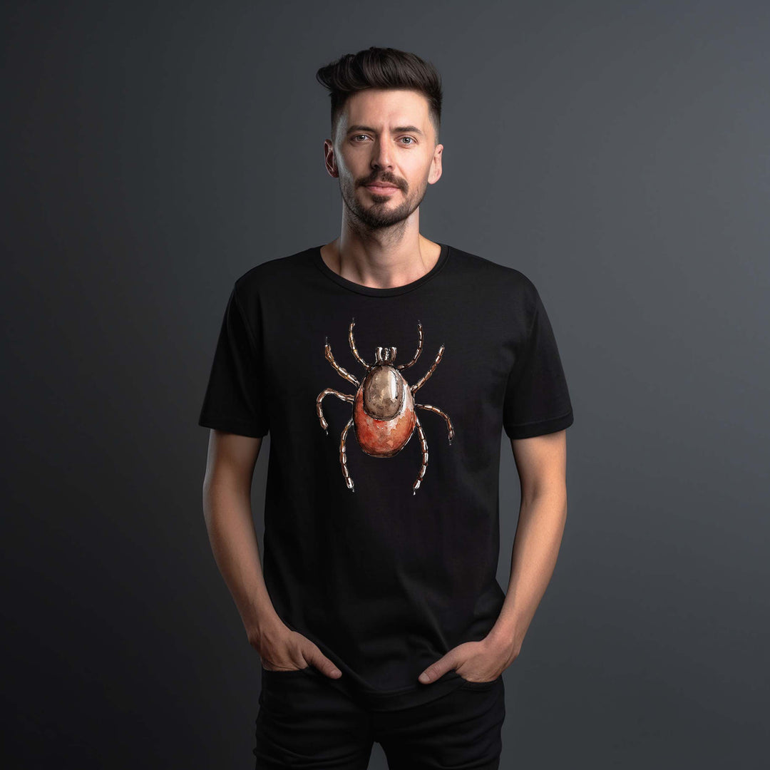 watercolor ixodes tick design on black t-shirt by ontogenie