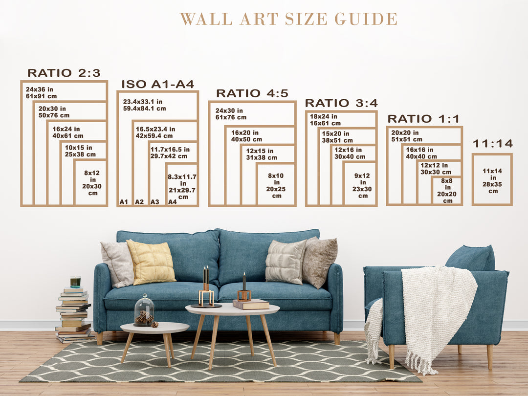Wall art size guide with various ratios displayed in a living room setting.