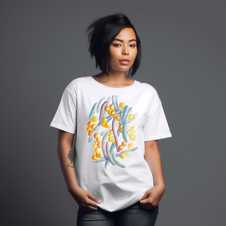 gut microbiome white tshirt on female model