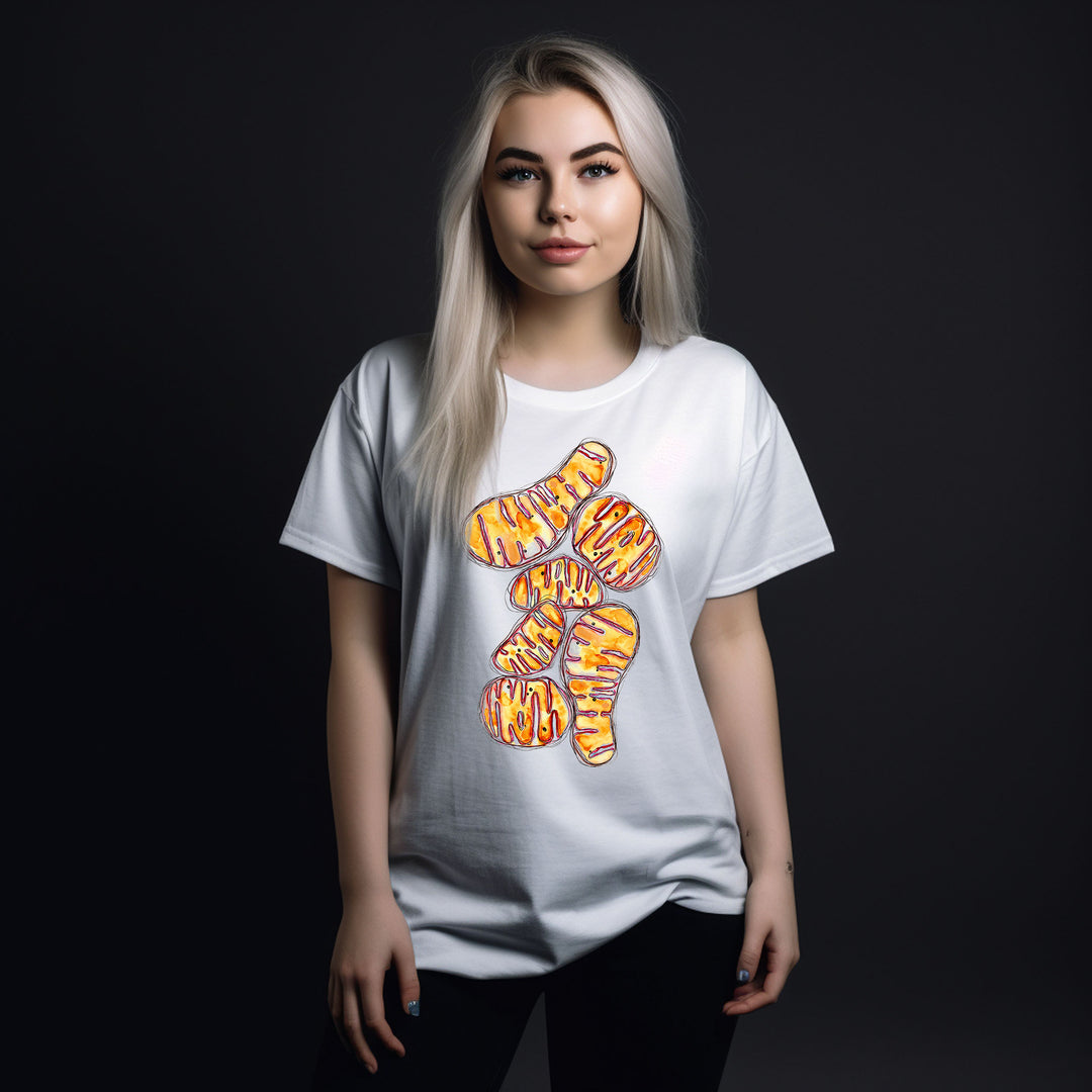 orange abstract mitochondria design on white t-shirt female model by ontogenie