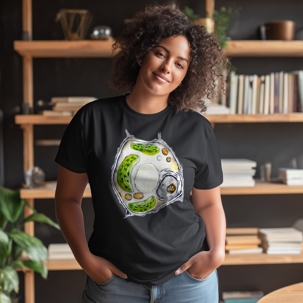 plant cell design black tshirt female model