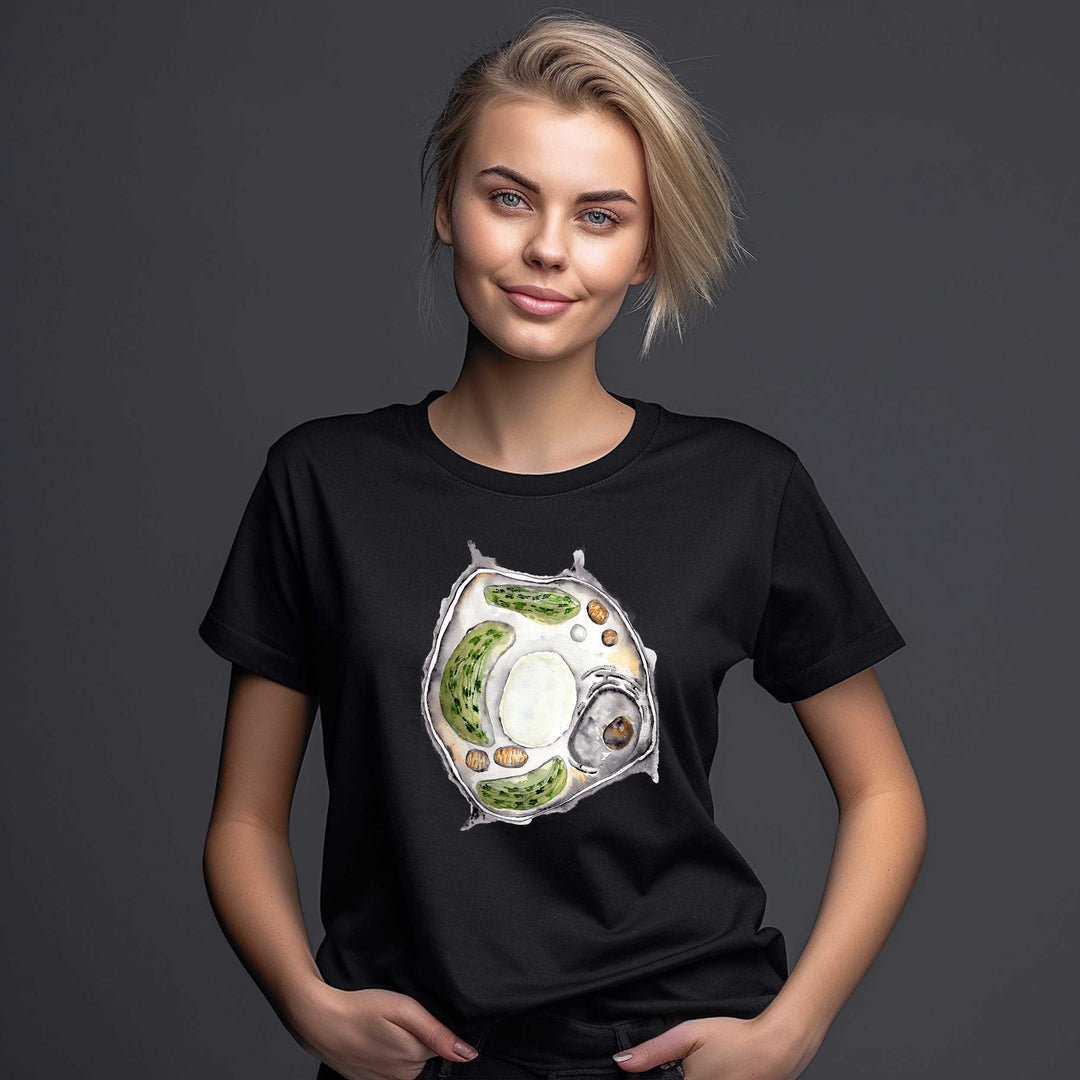 plant cell watercolor t-shirt in black worn by model, design by ontogenie