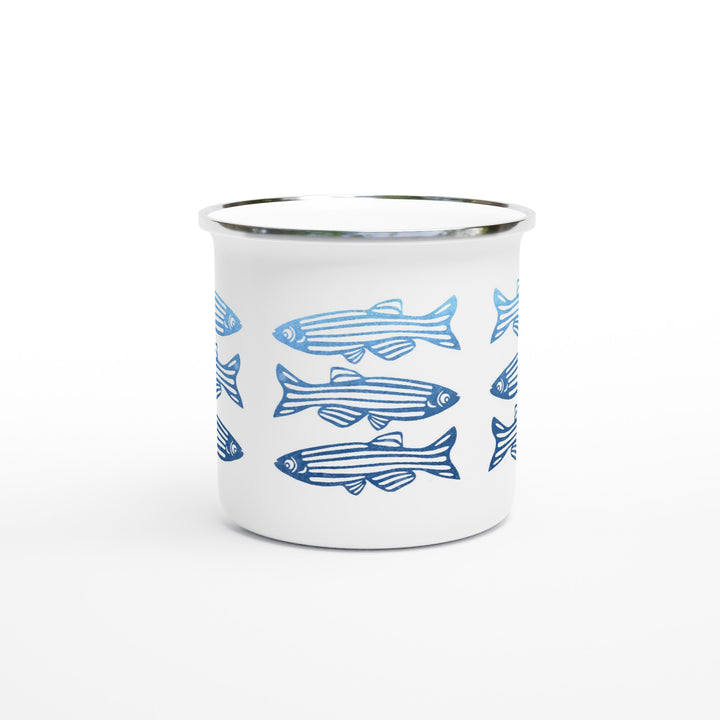 blue zebrafish design on enamel mug by ontogenie