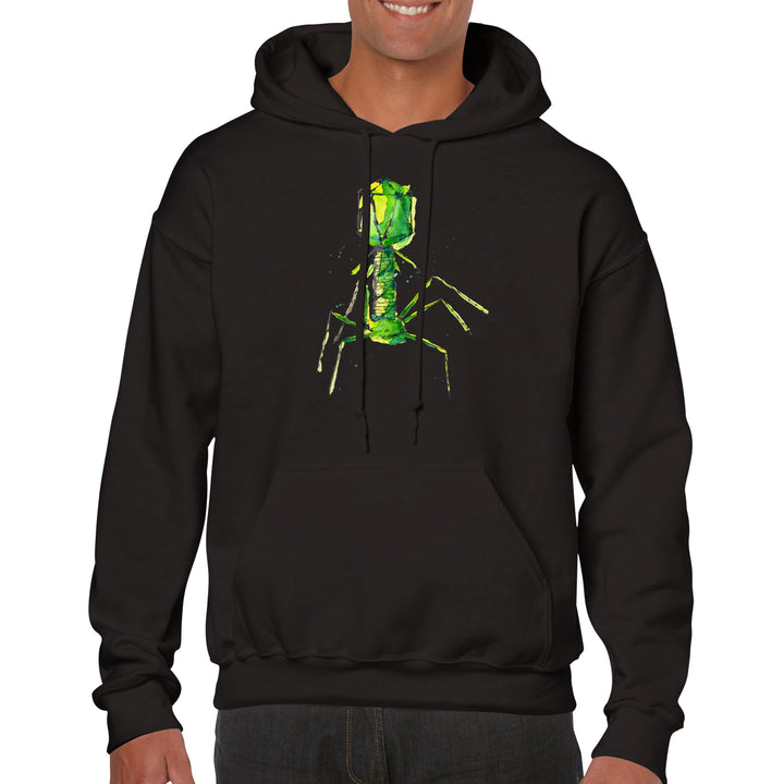 bacteriophage watercolor print on black hoodie by Ontogenie Science Jewelry