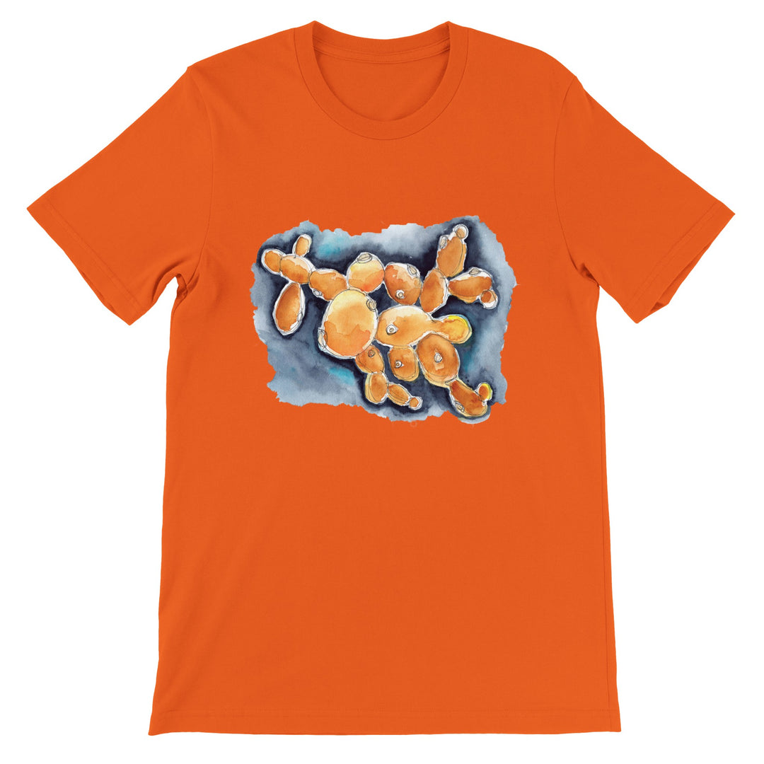 budding yeast abstract watercolor t-shirt in orange from ontogenie science jewelry
