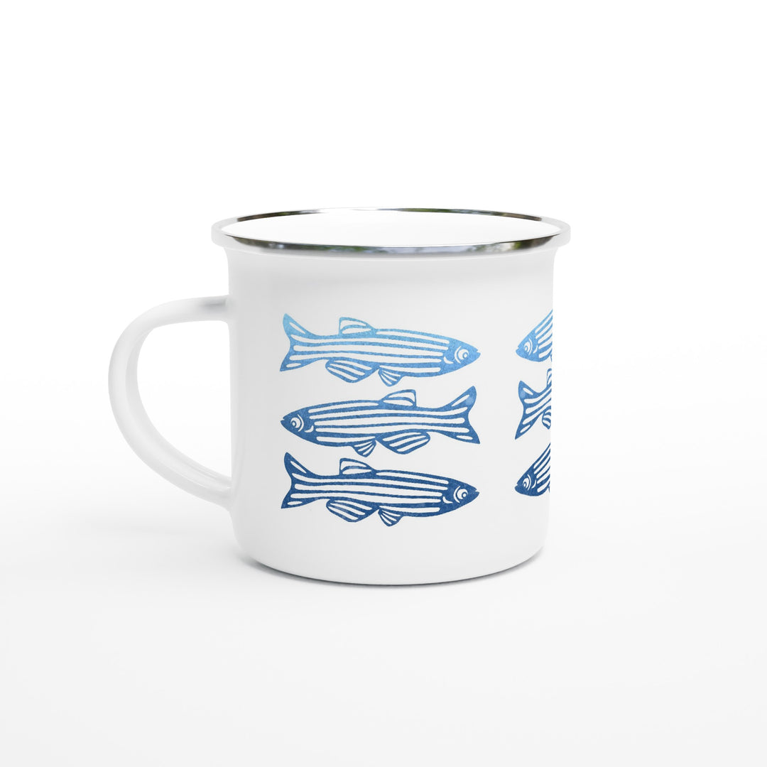blue zebrafish design on enamel mug by ontogenie
