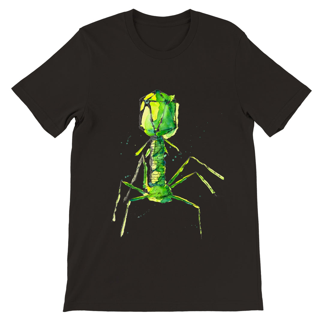 bacteriophage watercolor art on black t-shirt by ontogenie