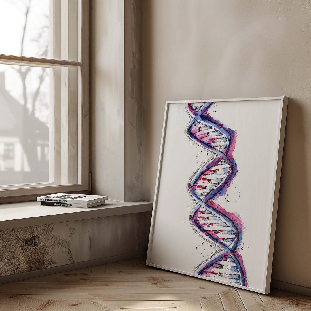 purple dna watercolor print, framed, room mockup