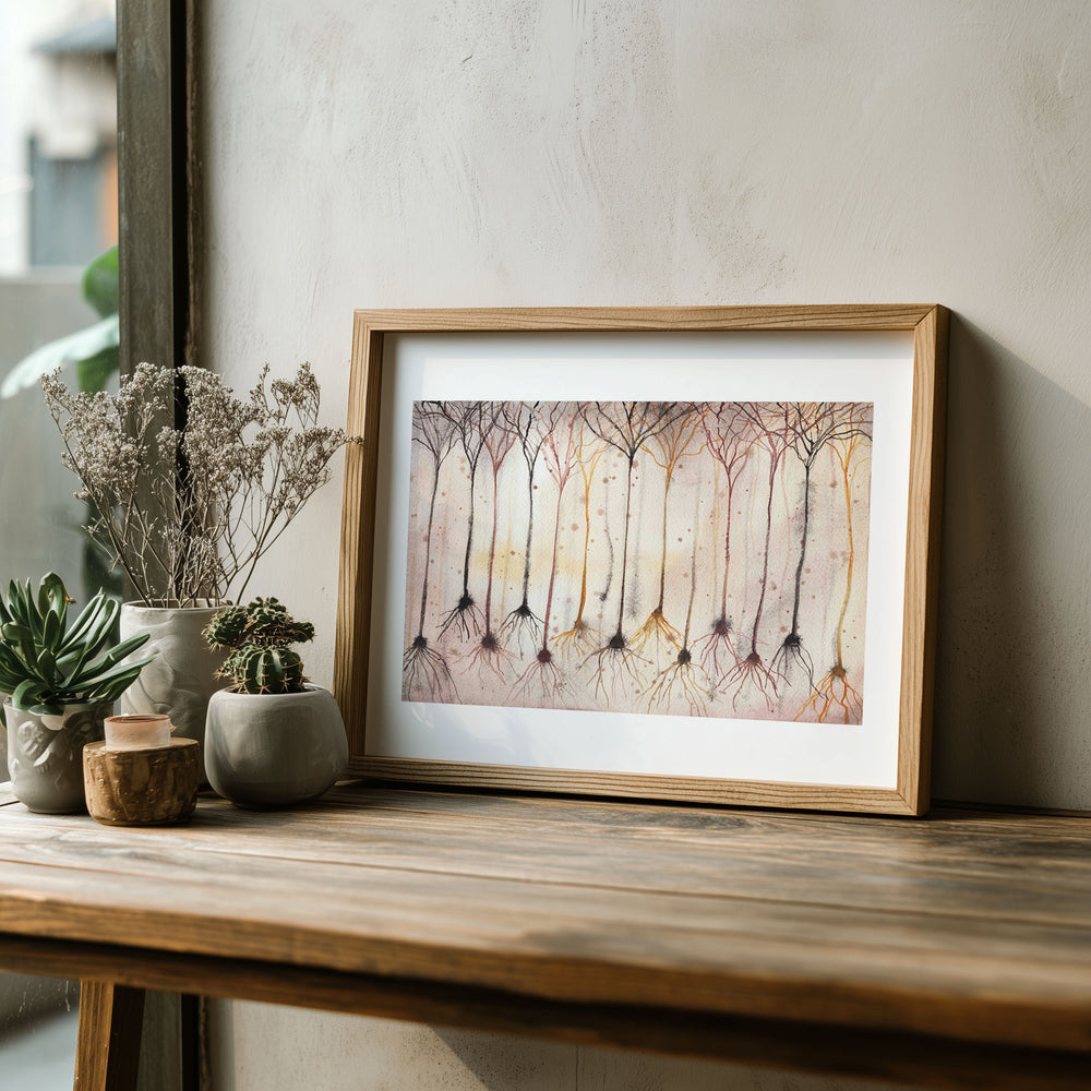 pyramidal neurons watercolor art print framed